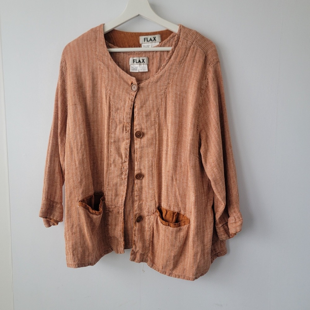 Flax women's striped 100% linen button-front twin jacket size L long sleeve